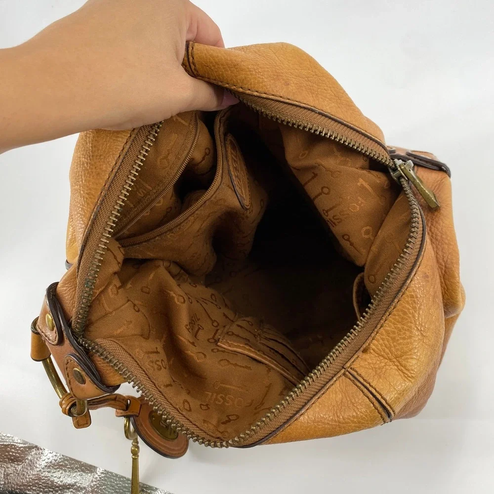Fossil Hobo Bag Women Large Tan Leather Vintage Key Charm